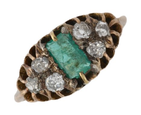 An Antique emerald and diamond half hoop ring, unmarked yellow metal settings with rectangular step-cut emerald and old-cut d