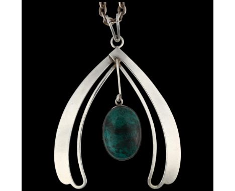 A large Israeli sterling silver Eilat stone abstract pendant necklace, pendant 80mm, chain 68cm, 34.8gNo damage or repair, on