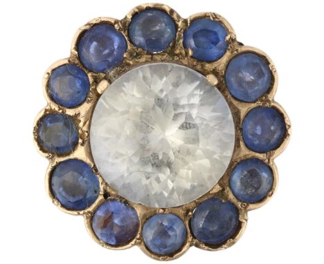 A large late 20th century synthetic sapphire flowerhead cluster ring, set with round-cut white and blue synthetic sapphires, 