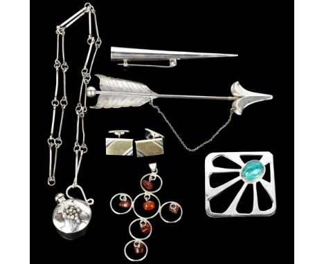 Various silver jewellery, including large arrow hairpin, amber cross pendant, scent flask etcLot sold as seen unless specific