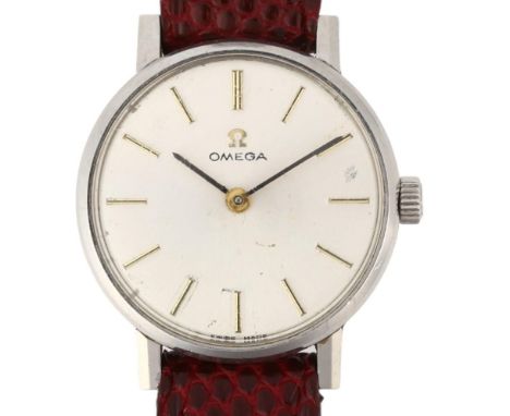 OMEGA - a lady's stainless steel mechanical wristwatch, silvered dial with applied gilt baton hour markers, case width 23mm, 
