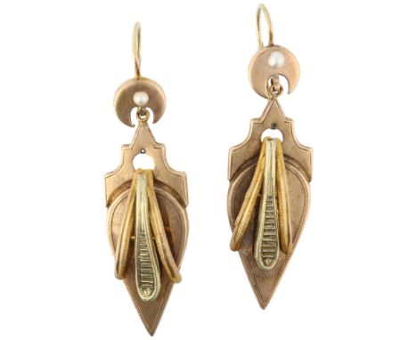 A pair of 19th century French two-colour gold drop earrings, with split pearl crescent moon shepherd hook fittings, earring h