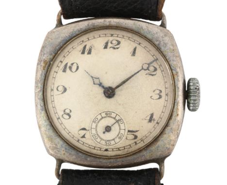 An early 20th century silver cushion-cased mechanical wristwatch, circa 1930s, engine turned silvered dial with breguet numer