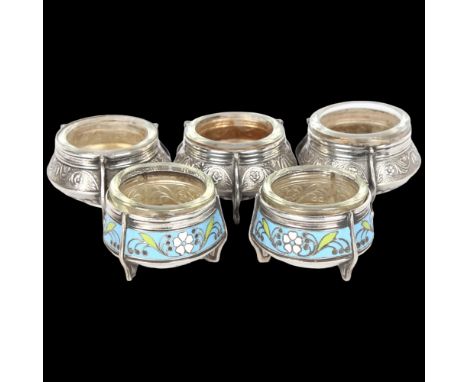 A group of 5 Russian white metal and enamel table salt cellars, with blue glass liners, marked 10M8MET, diameter 4.5cmLot sol