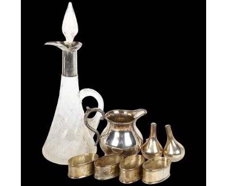 Various silver and plate, including set of 4 Mexican sterling napkin rings, silver-mounted glass oil bottle, etcLot sold as s