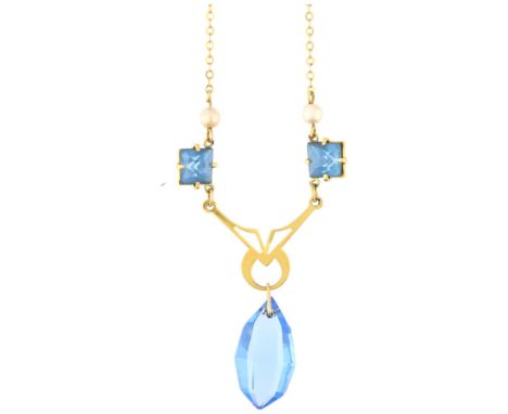 An Art Deco 9ct gold blue paste and pearl drop necklace, 38cm, 3gNo damage or repair, all stones present, no broken links, cl