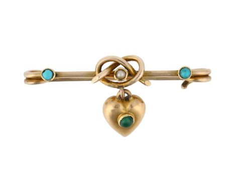 A late Victorian turquoise and pearl lover's knot bar brooch, circa 1890, the central knot suspending a heart drop, apparentl