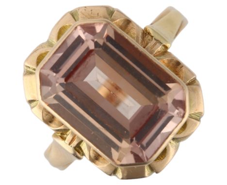 A Polish 14ct gold golden topaz dress ring, rub-over set with 7.7ct octagonal step-cut topaz, weight calculated approx from d