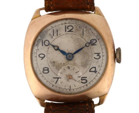 An Art Deco 9ct rose gold cushion mechanical wristwatch, silvered dial with painted Arabic numerals, blued steel Breguet hand