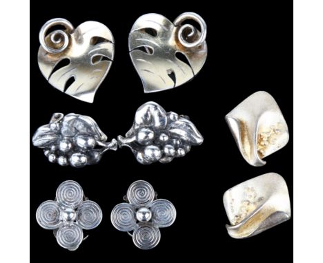 4 pairs of Danish silver clip-on earrings, makers include Anton Michelsen and Aagaard, largest 27.5mm, 29.8g total (4 pairs)N