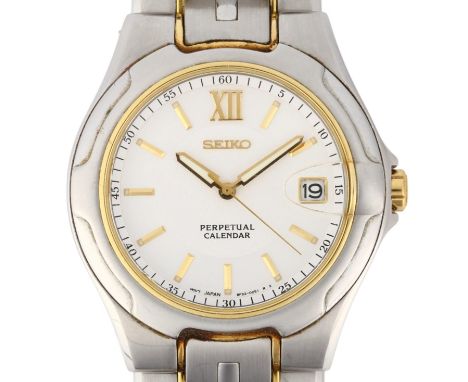 SEIKO - a stainless steel Perpetual Calendar quartz bracelet watch, ref. 8F32-970J, silvered dial with applied gilt baton hou