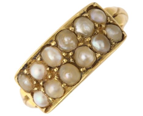 An Antique 18ct gold double-row split pearl panel ring, 19th century, setting height 7.5mm, size L, 3.4g2 pearls appear to ha