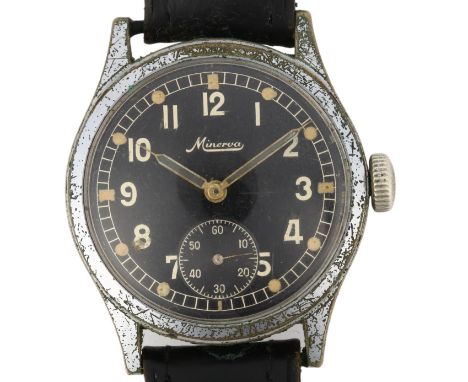 MINERVA - a Second World War Period nickel mechanical wristwatch circa 1940s, black dial with Arabic numerals, syringe hands 