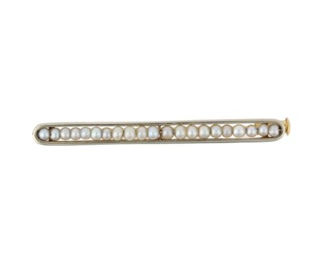 A French pearl line brooch, circa 1910, apparently unmarked,  39.9mm, 2.6gNo damage or repair, all stones present, fitting wo