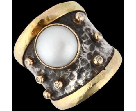 A modern Danish sterling silver and silver-gilt pearl and diamond band ring, maker BWE, setting height 23.3mm, size N/O, 13.2