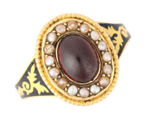 A 19th century 18ct gold garnet and pearl oval cluster mourning ring, indistinct maker, Birmingham 1863, centrally set with o