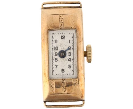 A lady's 9ct gold mechanical wristwatch head, silvered dial with Arabic numerals, blued steel hands and engine turned case, 1