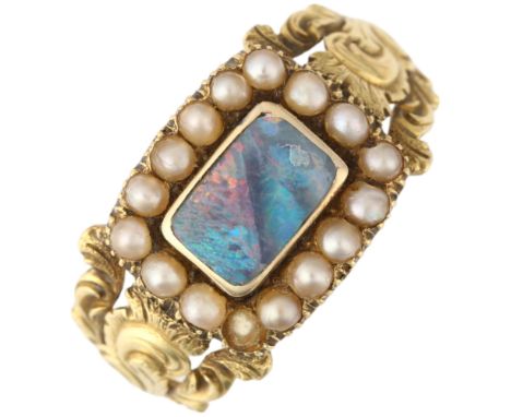 A Georgian opal doublet? and split pearl cluster mourning ring, circa 1820, the central panel with opal doublet slice surroun