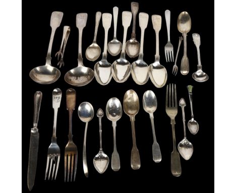 A quantity of silver flatware, including George IV sauce ladles, dessert forks, etc, 23.6oz weighableLot sold as seen unless 