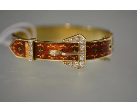 A striking diamond-set 14ct yellow gold and enamel bangle, of belt and buckle form, the buckle set with fifteen graduated rou