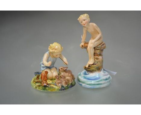 Two Royal Worcester figures modelled by Freda Doughty: Water Baby, no. 3151, black printed mark; and A Woodland Dance, no. 30