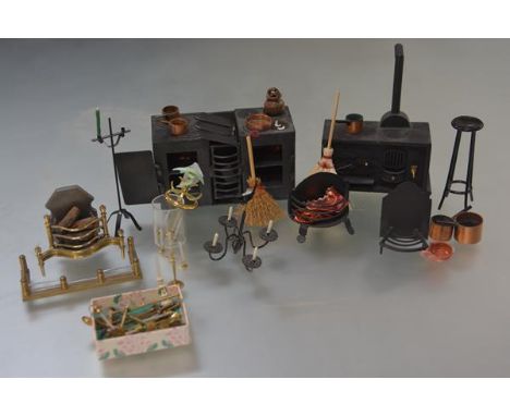 A group of 20th century doll's house furniture and accessories including: two black Victorian kitchen ranges, black fire bask