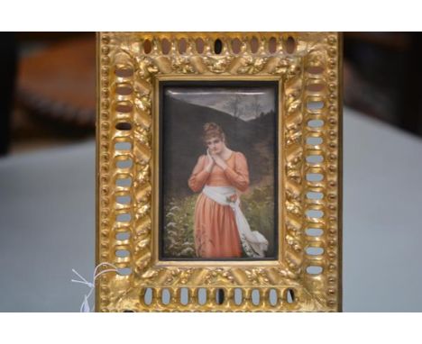After Baron Cuno von Bodenhausen, a painted porcelain plaque of a girl in a field wearing a white sash, the plaque of Berlin 