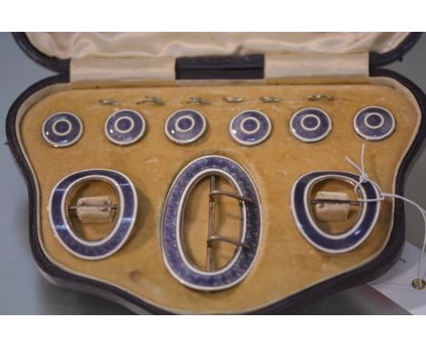 A cased set of George V silver and guilloche enamel buckles and buttons, Levi & Salaman, Birmingham 1911, each piece with a b