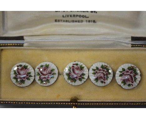 A set of five Edwardian guilloche enamel buttons, Lawrence Emanuel, Birmingham 1910, each centred by a lilac rose against an 