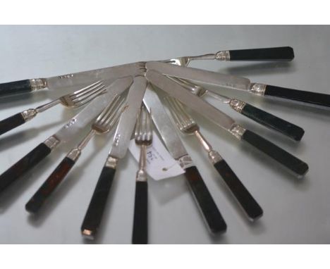 A rare set of mid-19th century Chinese Export fruit knives and forks with bloodstone handles, the knives with silver blades m