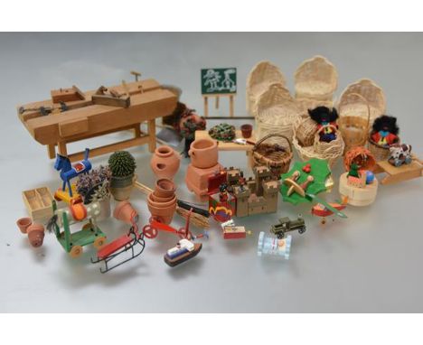 A group of 20th century doll's house furniture and accessories including: a large group of garden items including terracotta 