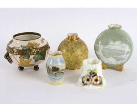 A group of Royal Worcester porcelain to include an aesthetic decorated twin-handle bowl with gilded decoration to a pink grou