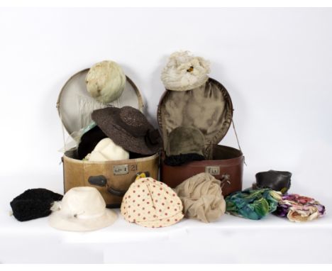 A quantity of lady's vintage hats, to include a green felt wide brim hat by Bermona, a Mr Wyn floral summer hat, contained wi