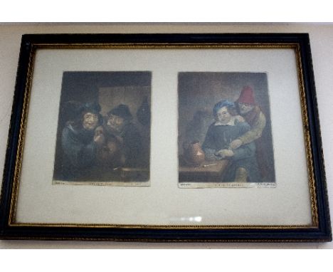 J Smith after Teniers/Dutch Topers/Dutch Smokers/a pair/coloured engravings, 22cm x 16.5cm/and two caricatures, Forestallers 