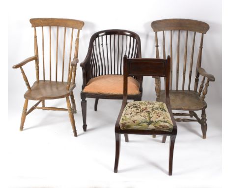 Two stick back armchairs with elm seats, a tub shaped splat back armchair and a mahogany single chair