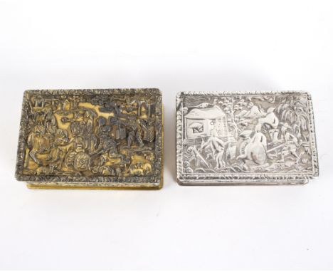 A Chinese export silver gilt snuff box, decorated a street scene to the cover, a hunt beneath, 7cm wide and another similar s