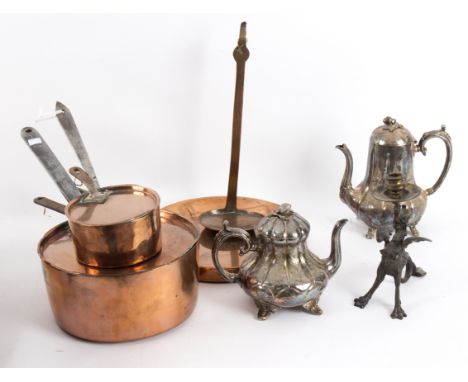 A candlestick of Wyvern form, 22.5cm high, sundry copper pans and silver plate