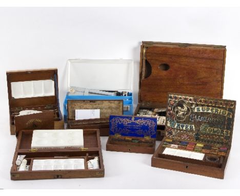 Six Victorian and later mahogany cased artist's watercolour travel sets, to include Reeves and Windsor and Newton, some with 