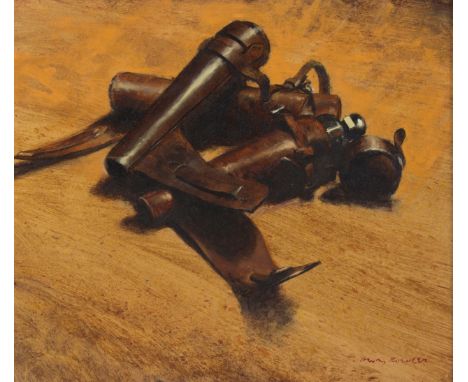 Henry Koehler (American, born 1927)/Three Hunting Flasks/signed, inscribed and signed verso/oil on paper laid down, 29cm x 32