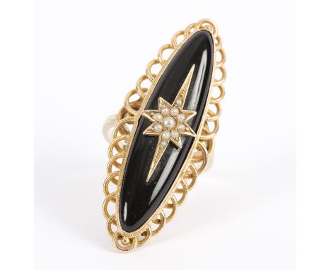 An onyx, pearl and gold mourning ring, the marquise shaped onyx with central pearl set starburst, within a looping border, th