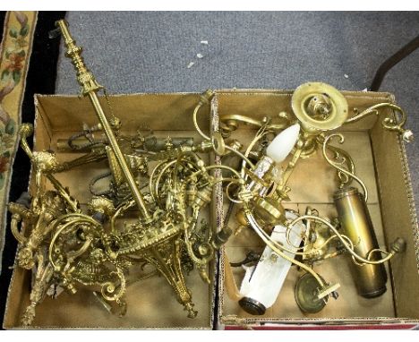 A three-light electrolier, various brass wall lights, electroliers etc.
