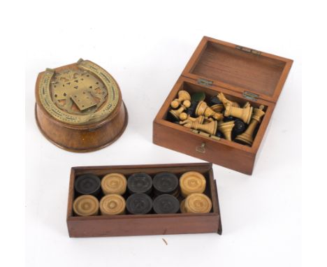 A brass horseshoe cribbage marker, mounted to an oak box, the hinged cover enclosing an interior fitted with pack of cards, a