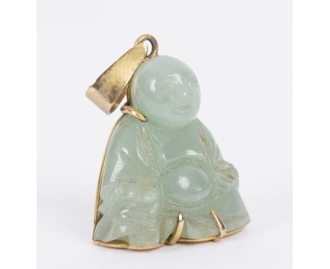 A Chinese carved jade pendant, modelled as a Buddha, with yellow metal mount and another jade calligraphic pendant, gross wei