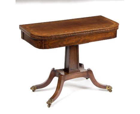 A Regency mahogany D-shaped card table, the folding top with rosewood crossbanding and lined green baize, inlaid ebonised str