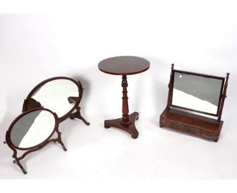 A 19th Century mahogany circular table, inlaid for chess, 46cm diameter and three swing frame dressing mirrors