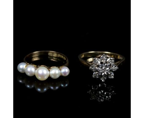 An illusion set diamond cluster ring to a 9ct yellow gold shank, size R½ and a five-stone pearl ring set in 9ct yellow gold, 