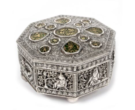 An Indian thewa gold, glass and white metal box, Pratapgarth, Rajasthan, of octagonal form the cover with circular and oval p