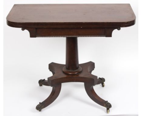 A Regency mahogany card table, crossbanded, on a cylindrical tapered column and splay quadruple support, 91.5cm wide