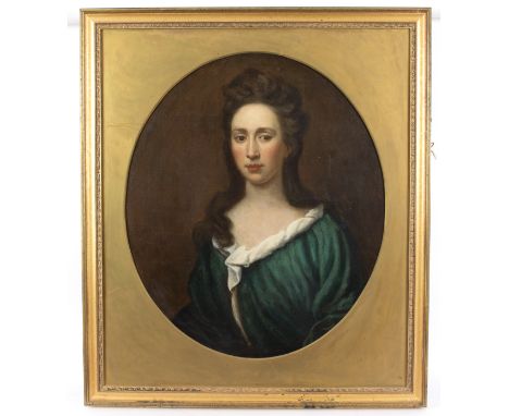 18th Century English School/Portrait of a Lady/wearing a green dress/oval/oil on canvas, 71cm x 60cm   Condition Report:  Thi