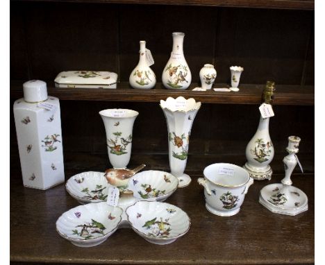 A Herend Rothschild Bird pattern hexagonal teapoy and cover, 28cm high, four vases, a lamp, a candlestick and six other piece